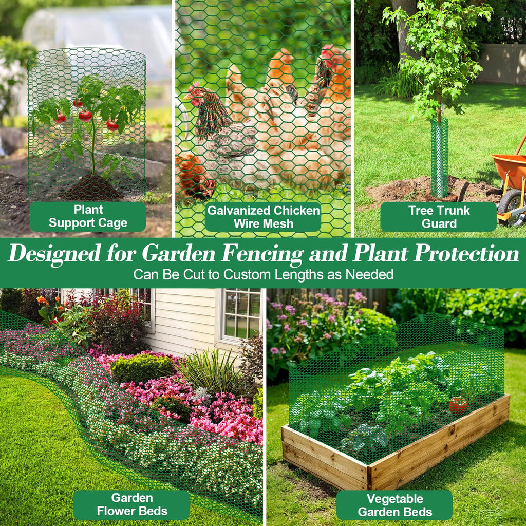 Lucomb Plant Protectors from Animals 15.7 x 157 in Green Chicken Wire Plant Cages for Outdoor Plants, Hexagonal Wire Plant Protector with Ground Stakes, Pliers, Garden Protection from Animals