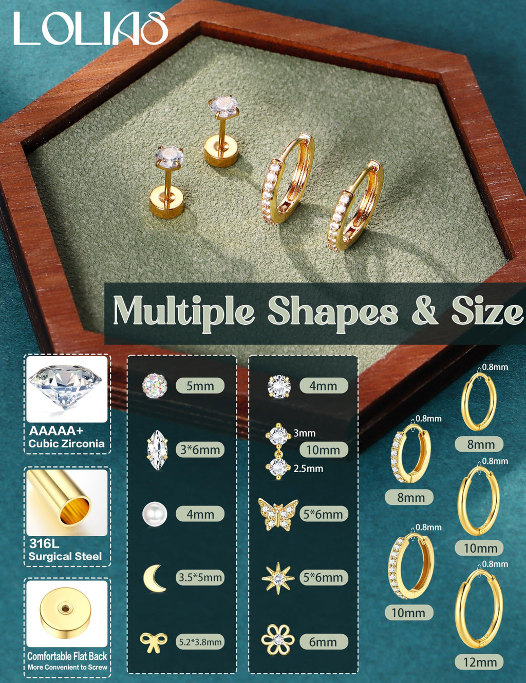 LOLIAS 14K Gold Plated Flat Back Earrings - Hypoallergenic Surgical Stainless Steel Stud Hoop Earrings for Women Girls Kids Cute Stud Earring Set Small Huggie Hoops Cartilage Earring Stacks