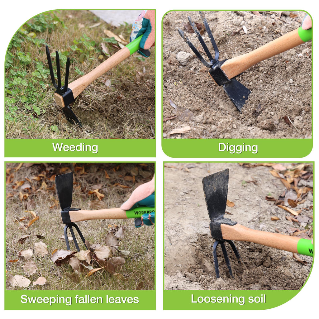 WORKPRO Hoe and Cultivator Garden Rake with 14" Wooden Handle