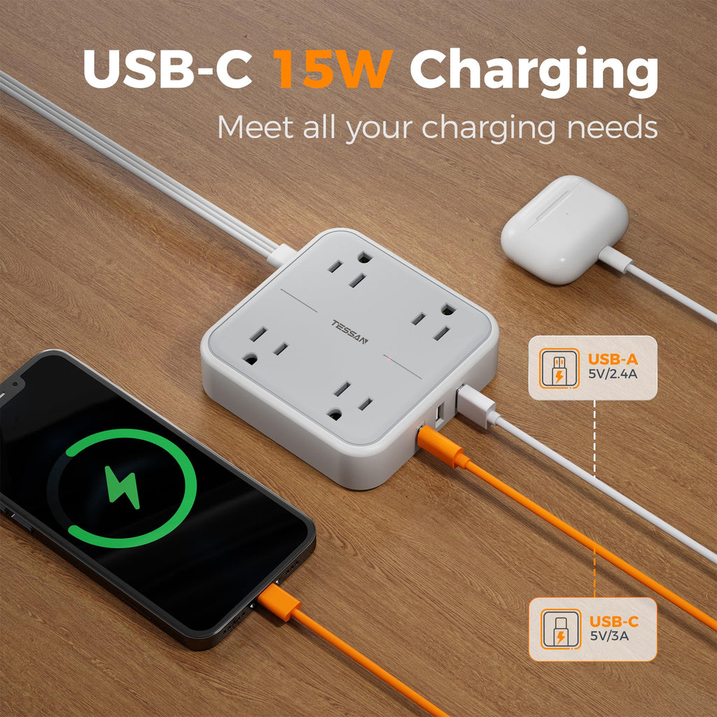 TESSAN Surge Protector Flat Extension Cord 5Ft, Flat Plug Power Strip