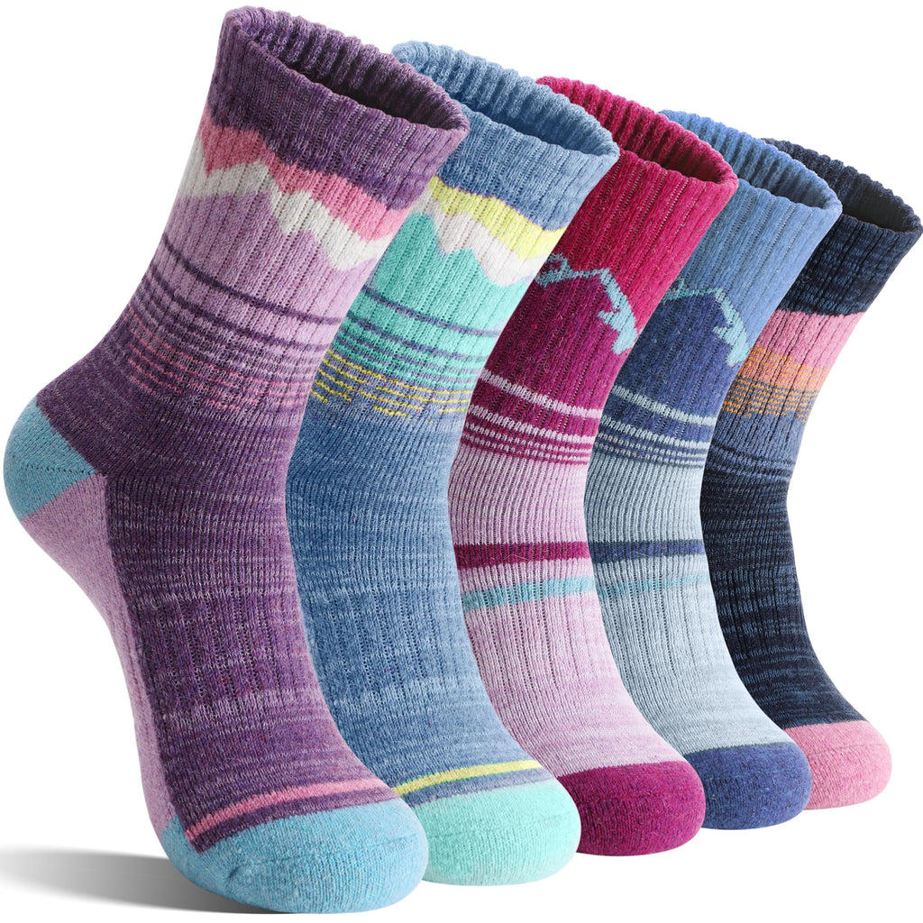 Sandsuced Womens Merino Wool Hiking Socks Thermal Winter Warm Cozy Outdoor Crew Socks 5 Pairs Gift Stocking Stuffers(Purple/Blue/Dark Blue/Rose Pink/Light Blue，M)