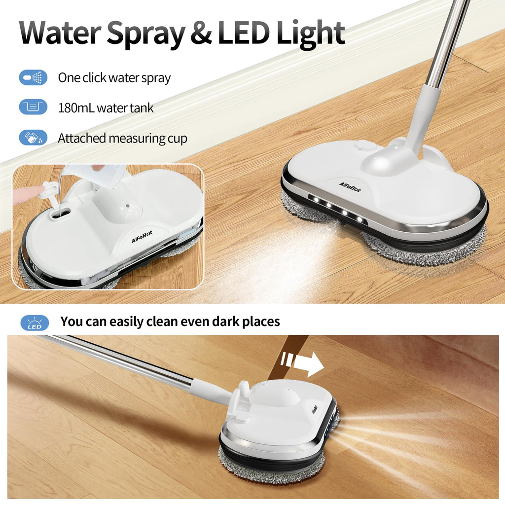 Electric Mop, AlfaBot WS-24 Cordless Spin Mop for Floor Cleaning, Lightweight & Rechargeable Floor Cleaner with Water Sprayer and LED Headlight for Hardwood and Tile Floors, White