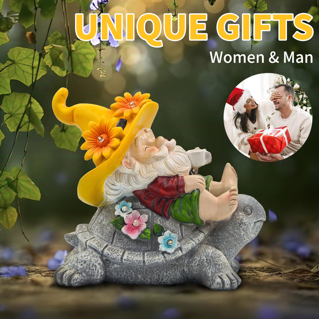 TUEVAK Garden Gnomes Outdoor Decor - Funny Sunflower Gnome Sitting on Turtle with Solar Lights, Gnomes Decoration for Lawn Yard Patio, Garden Gifts for Women, Mothers Day, Housewarming