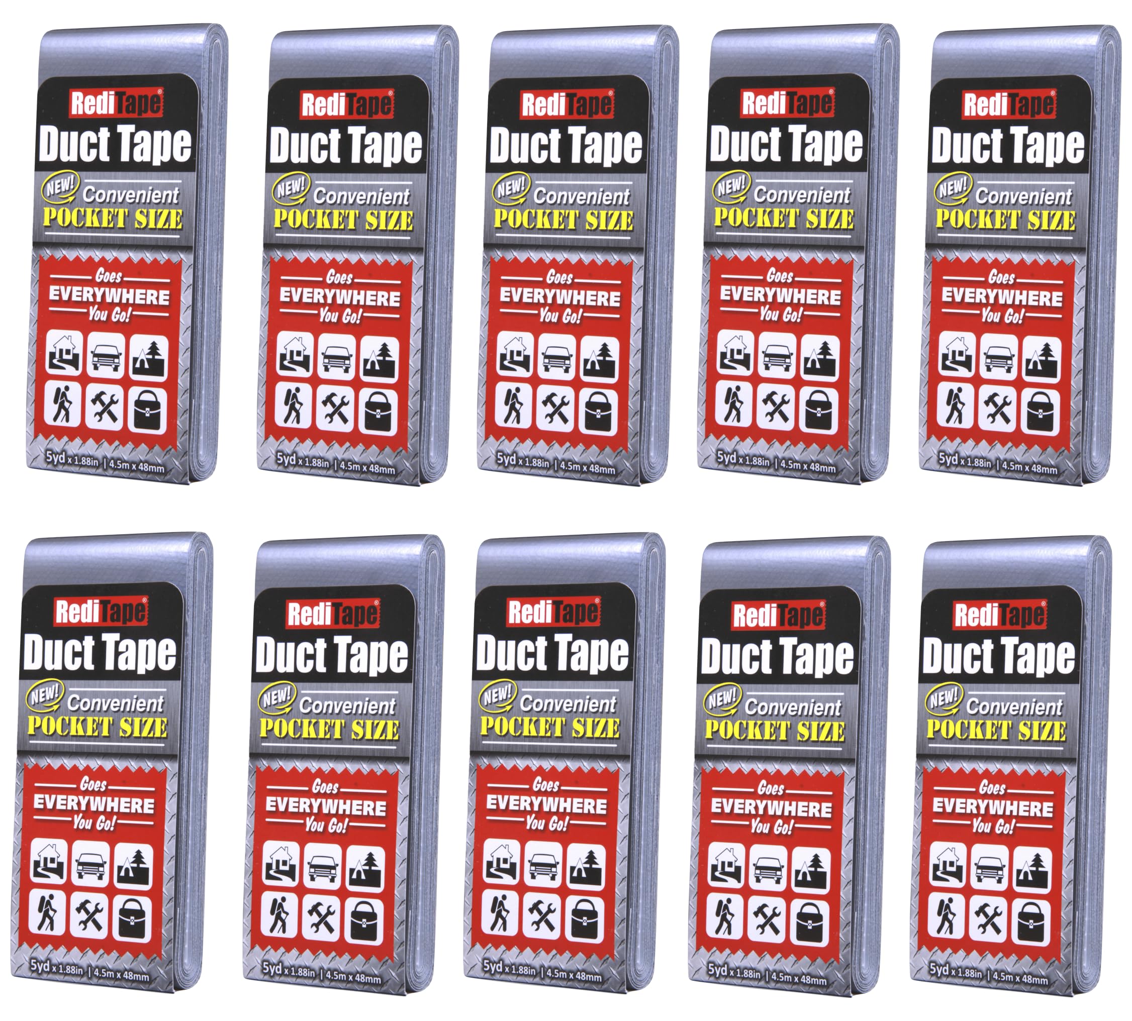 RediTape Travel Size Pocket Duct Tape 10-Pack | 1.88 inches x 5 Yards per Flat Pack (10-Pack, Silver)
