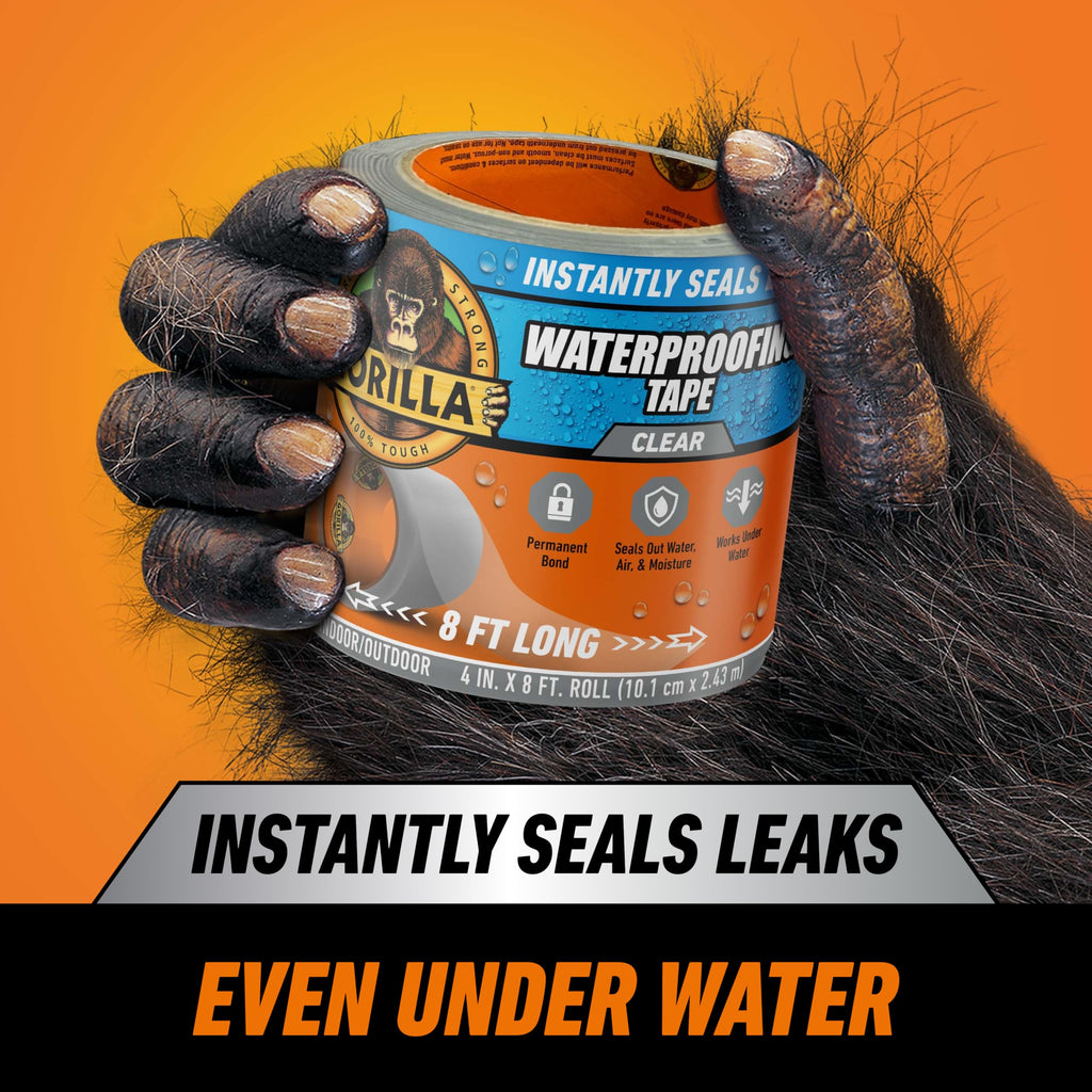 Gorilla Waterproof Patch & Seal Tape, Clear Tape, 4" x 8' (Pack of 1) - Permanent Weather Resistant Seal for Leaks and Repairs