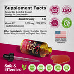 USDA Organic Vitamin B12 Sublingual Drops - 5000 mcg Liquid Vegan Methylcobalamin for Women & Men - Energy Boost, Focus & Mood, Brain Health Support - Maximize Absorption - 2 Month Supply, 2 fl oz