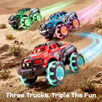 Vroomix 3 Pack Monster Truck Toy - Toy Truck with Flashing LED Wheels - Light-Up Friction-Powered Cars for Kids - Boys Girls Birthday Gift