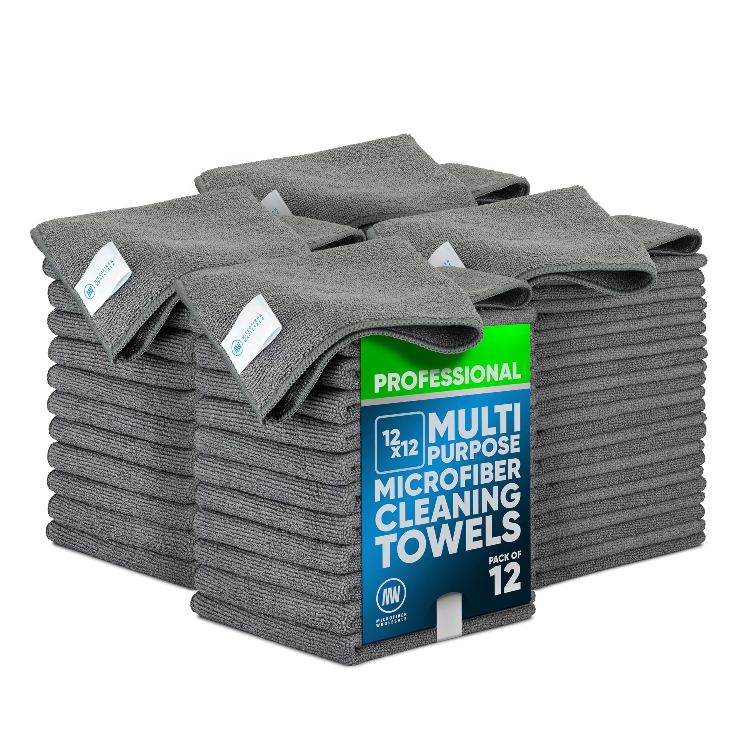 12" x 12" MW Pro Multi-Surface Microfiber Cleaning Cloths | Gray - 48 Pack | Premium Microfiber Towels for Cleaning Glass, Kitchens, Bathrooms, Automotive, Supplies & Products