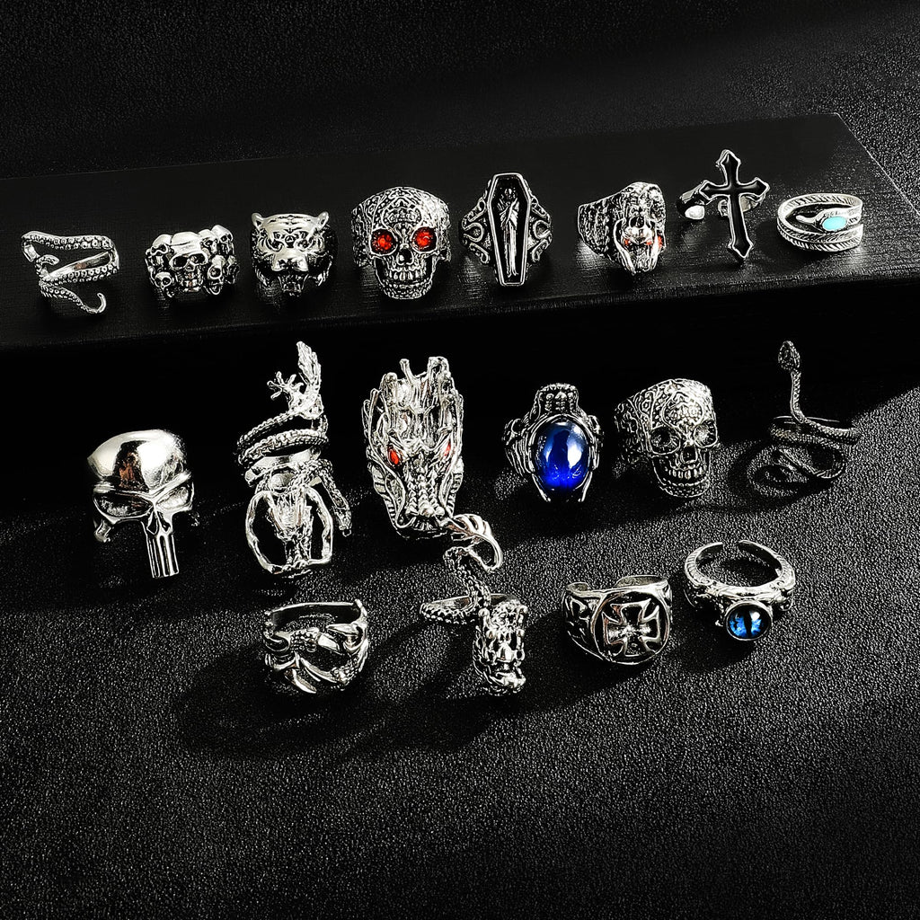 EIELO 24Pcs Vintage Punk Rings Set for Men Cool Gothic Chunky Rings Statement Snake Claw Skull Dragon Eyes of Hell Open Boho Ring Set