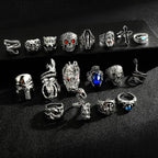 EIELO 24Pcs Vintage Punk Rings Set for Men Cool Gothic Chunky Rings Statement Snake Claw Skull Dragon Eyes of Hell Open Boho Ring Set