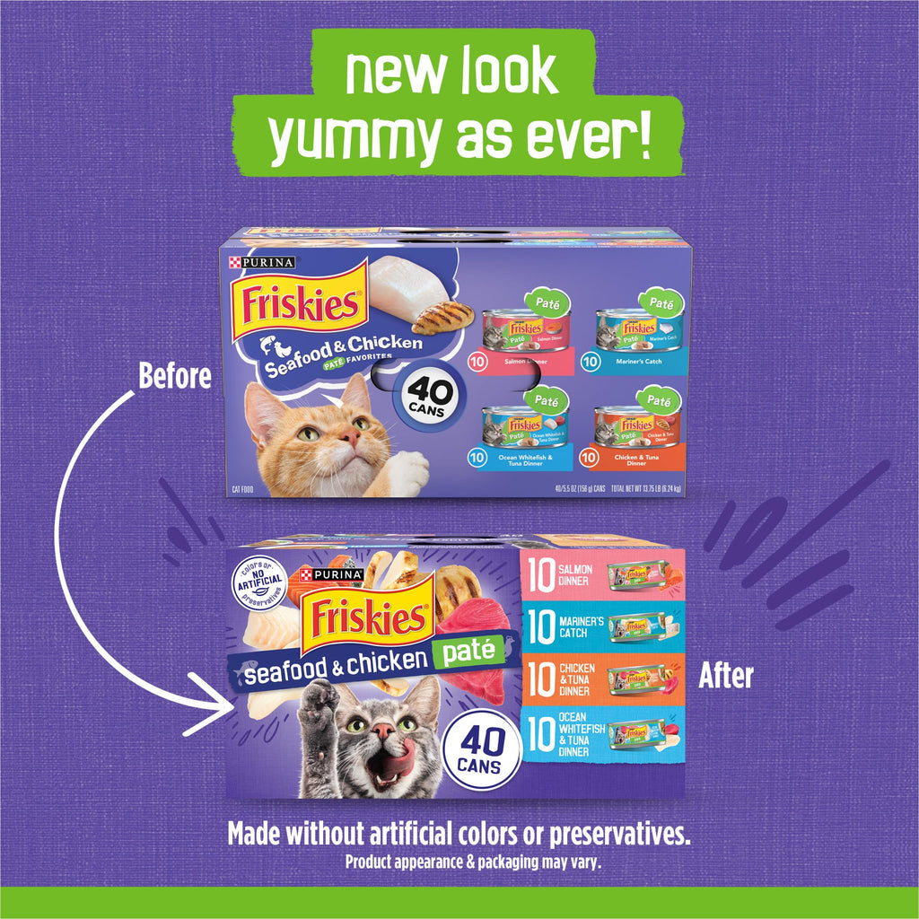 Purina Friskies Pate Wet Cat Food Variety, Seafood & Chicken, (40) 5.5 oz