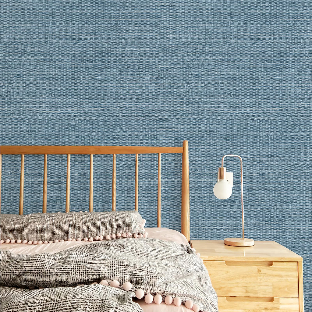 JiffDiff Grasscloth Wallpaper Peel and Stick 1181" x 17.3" Blue Cream Grassweave Stick on Wallpaper Textured Self Adhesive Wall Paper Contact Paper