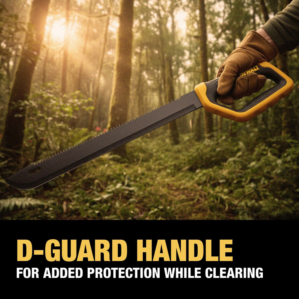 DEWALT 21 Inch MA61 D-Guard Machete - Full Tang Stainless Steel Blade with Saw Back & Protective D-Guard Non-Slip TPR Handle with Nylon Sheath for Brush Clearing, Yard Work, Camping and Outdoor Use