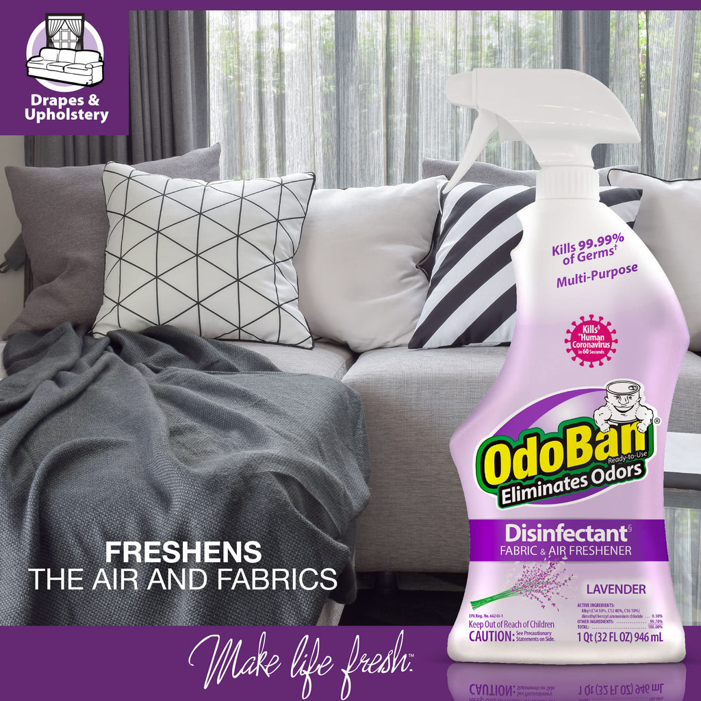 OdoBan Ready-to-Use Disinfectant and Harsh Aroma Eliminator, Cleaner and Fabric/Air Freshener, Set of 2, 14.6 Ounce 360-Degree Continuous Spray and 32 Ounce Trigger Spray, Lavender Scent