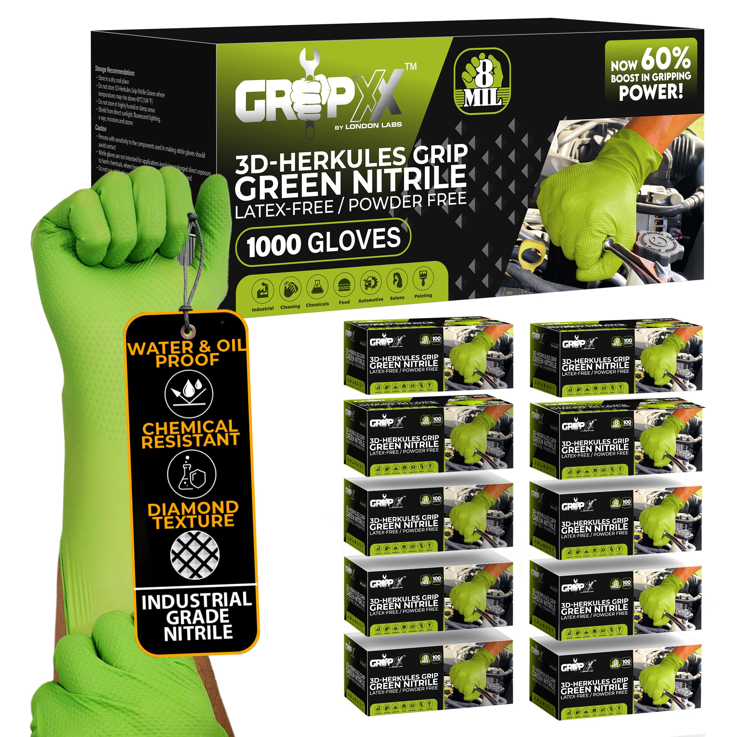GRIPXX Herkules Grip Heavy Duty 8Mil Green Nitrile Gloves,3D Raised Diamond Texture-Latex & Powder Free-Industrial, Mechanic | Bulk Case of (1000 CT)