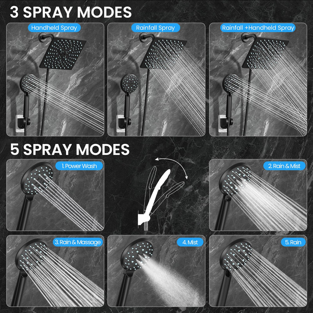 Veken High Pressure Rain Shower Head with Handheld, Square Rainfall Shower Heads with 5-Mode Handheld Spray Combo, Detachable Hand Held Showerhead, Bathroom Decor，Dual Matte Black Regaderas Para
