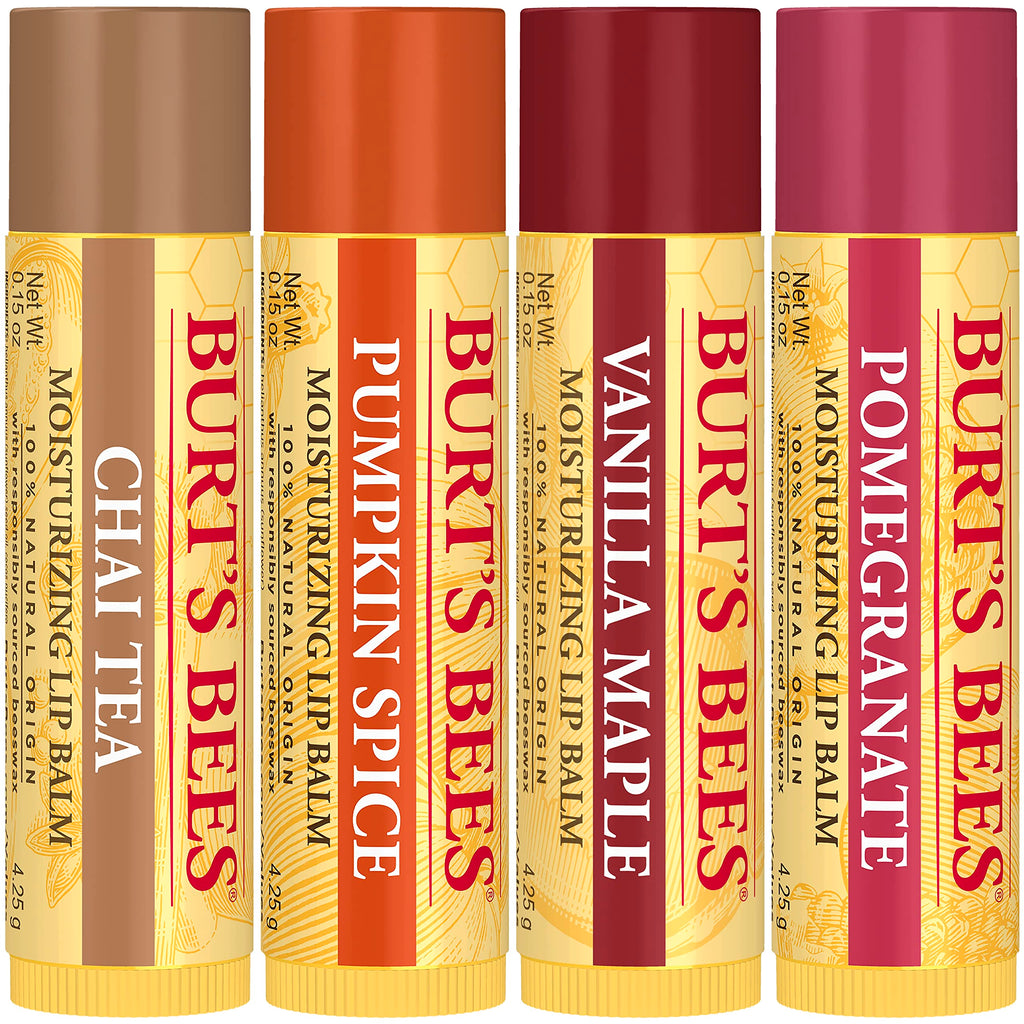 Burts Bees 100% Natural Moisturizing Lip Balm, Winter Variety Pack, Chai Tea, Pumpkin Spice, Vanilla Maple, Pomegranate, 4 Tubes of Lip Balm, 0.15 Ounce (Pack of 4)