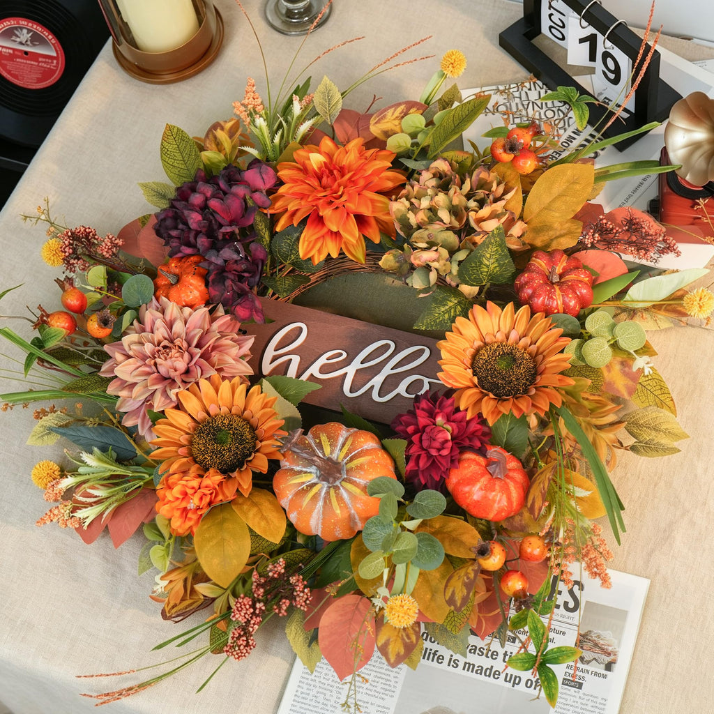 Fall Wreaths for Front Door 24 Inch Autumn Wreath with Sunflowers, Pumpkins