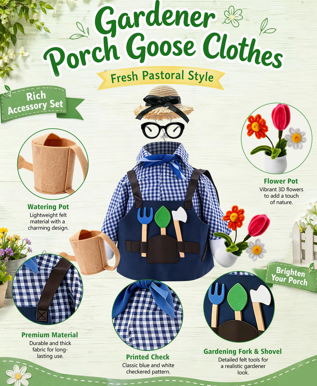 SIQUK Gardener Porch Goose Outfit Porch Goose Clothes Fit 23'' Geese Statue
