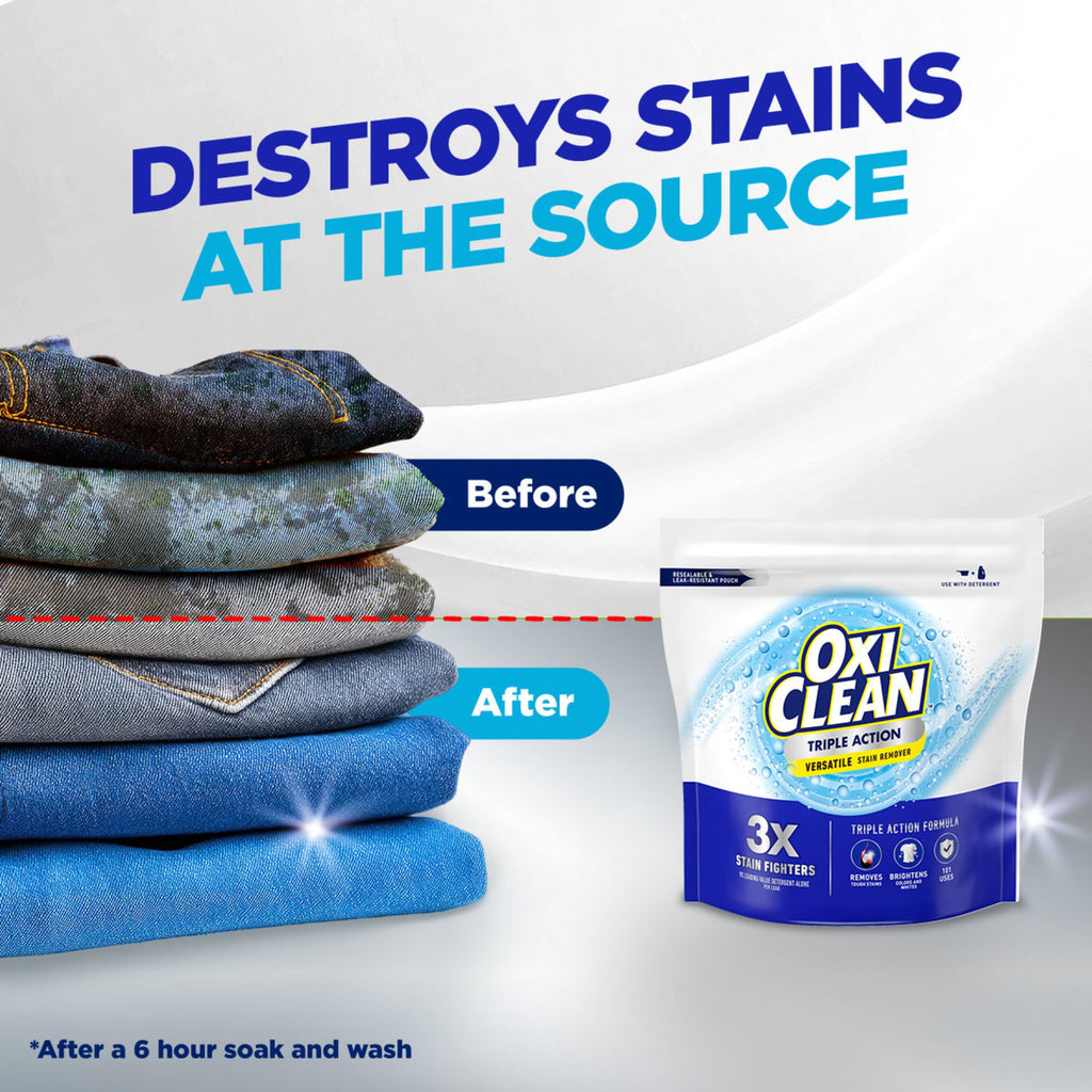 OxiClean Triple Action Versatile Stain Remover Powder, Use with Detergent, Removes Tough Stains like Grease, Blood and Grass, Brightens Colors and Whites, Chlorine Free, 4 lbs