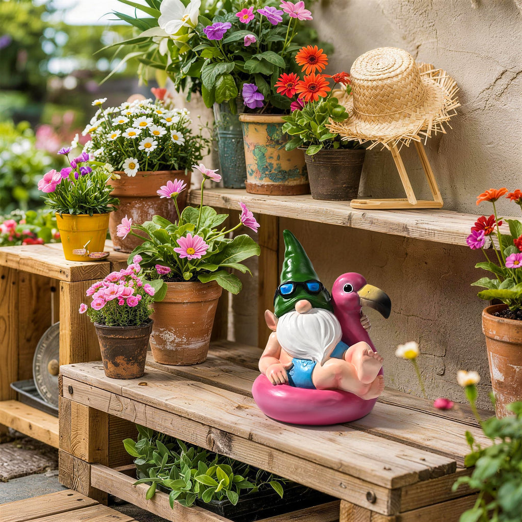 TISEJOY Garden Gnomes Outdoor Statues, Funny Flamingo Decor Gnomes Decor for Yard Patio Garden, Summer Gnomes Sculptures for Home Desk Table Pool Backyard, Garden Gifts for Mom, Friends