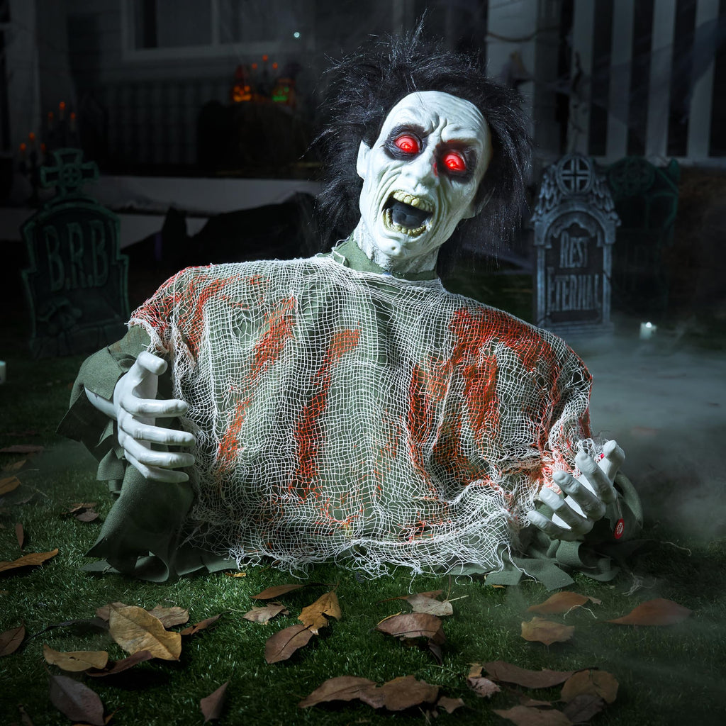 JOYIN Halloween Outdoor Decoration Zombie Groundbreaker, Animatronics Zombie Props Halloween Outside Decor, Animated Groundbreaker with Sound & Glowing Eyes for Graveyard Lawn Yard Haunted House Decor