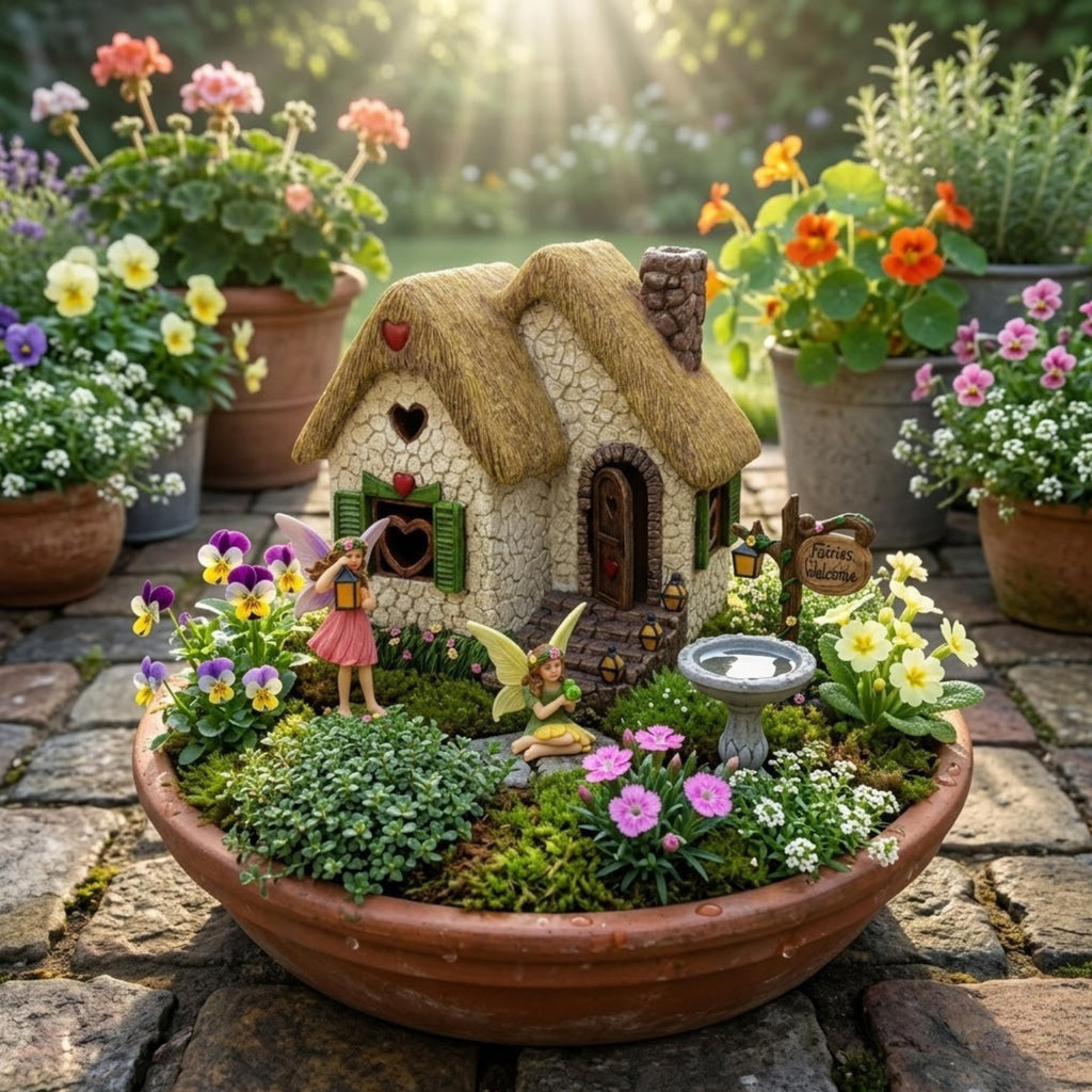 PRETMANNS Fairy House for Garden Outside Accessories Kit, 7" H, 4 Pieces