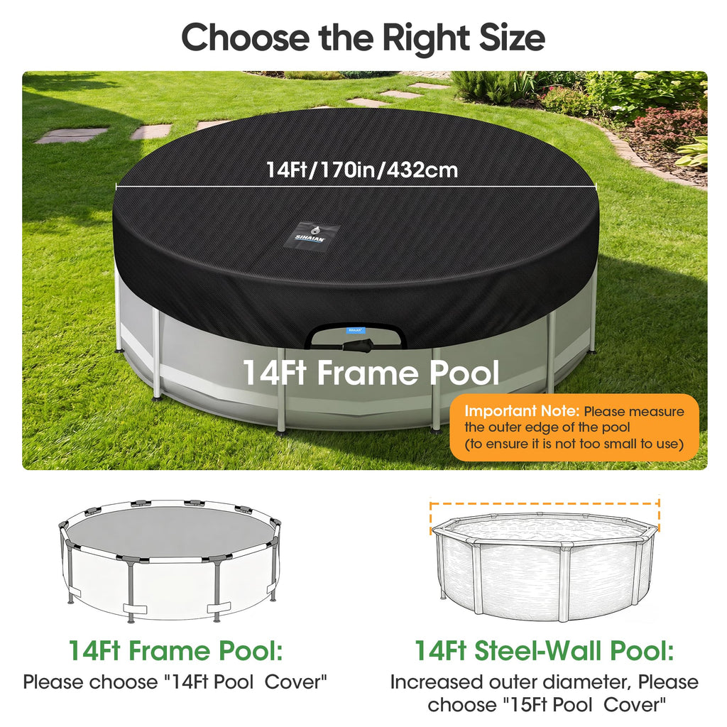 SIHAIAN 14 Ft Round Pool Cover, with Automatic Drain Pool Cover, Patented One-Piece Tensioning System Above Ground Pool Cover, Preventing Waterlogging, Yarn-Dyed Oxford Fabric Solar Pool Cover