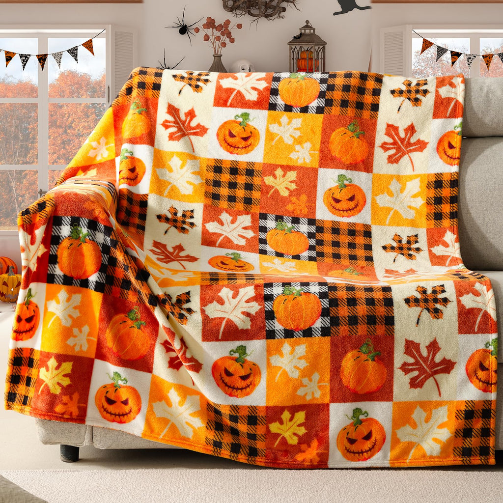 ROMROL Halloween Fleece Throw Blanket Pumpkin Fall Plaid Blanket 50x60