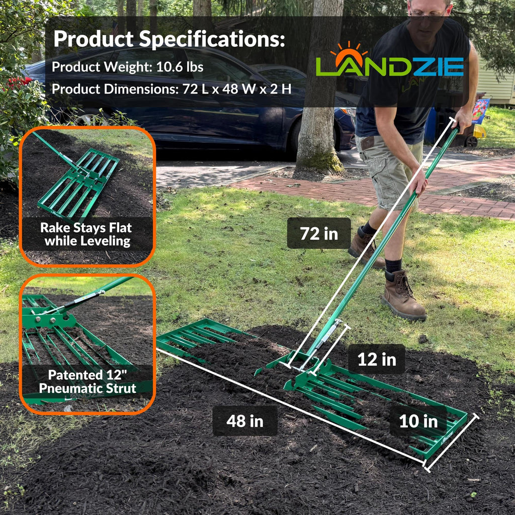 Landzie AeroLeveler - The Lawn Leveling Rake that Never Flips - Patented 48" inch Wide Pneumatic Lawn Level for Yard, Dirt, Soil, Sand, Provides Stability and Control (Pneumatic 48" Leveling rake)