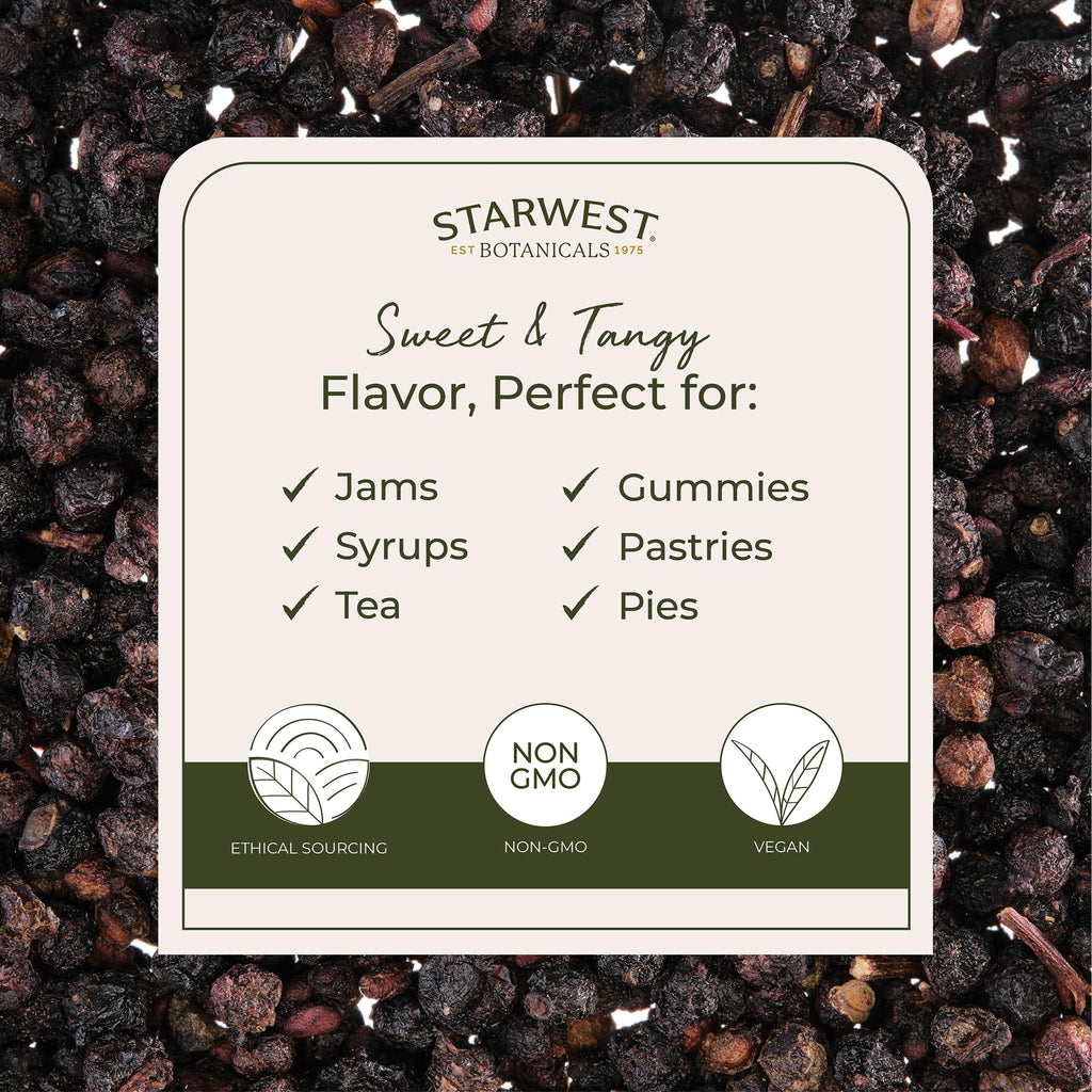 Starwest Botanicals Whole Elderberries - Dried Elderberries for Syrup, Tea, Gummies, & Jam, Certified Kosher, Wildcrafted Natural Berries - Bulk 1 lb Bag