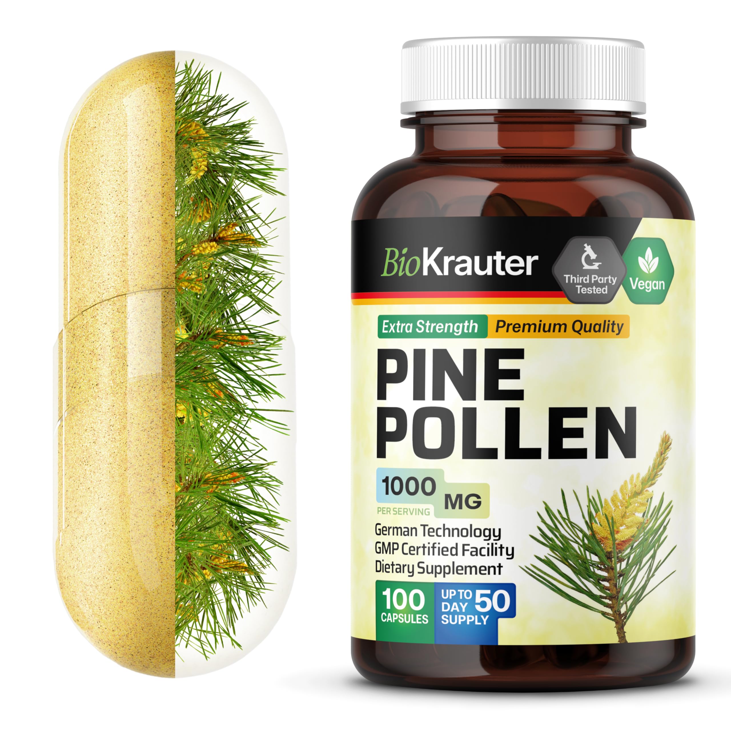 BIO KRAUTER Pine Pollen Extract Capsules for Men's Support, 1000 mg