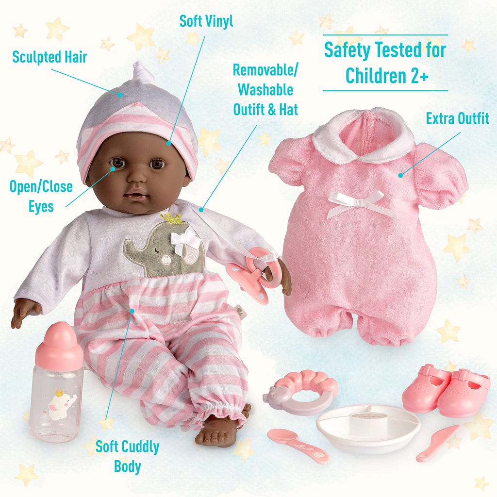 JC Toys 15" Realistic Soft Body African American Baby Doll with Open/Close Eyes Berenguer Boutique | 10 Piece Gift Set with Bottle, Rattle, Pacifier & Accessories | Pink | Ages 2+