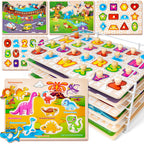 SYNARRY Wooden Puzzles for Toddlers 1-3, 6XSET Puzzles for Toddlers 2-4 with Rack, Learning Alphabet Number Animal Dinosaur Vehicle for Kids, Education Toys for 2 3 Years Boys Girls
