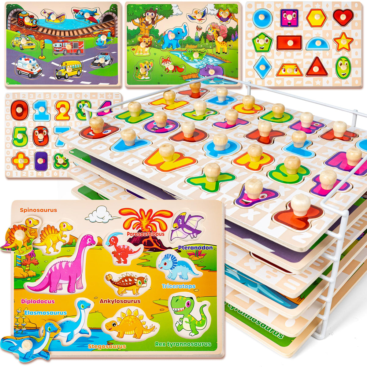 SYNARRY Wooden Puzzles for Toddlers 1-3, 6XSET Puzzles for Toddlers 2-4 with Rack, Learning Alphabet Number Animal Dinosaur Vehicle for Kids, Education Toys for 2 3 Years Boys Girls