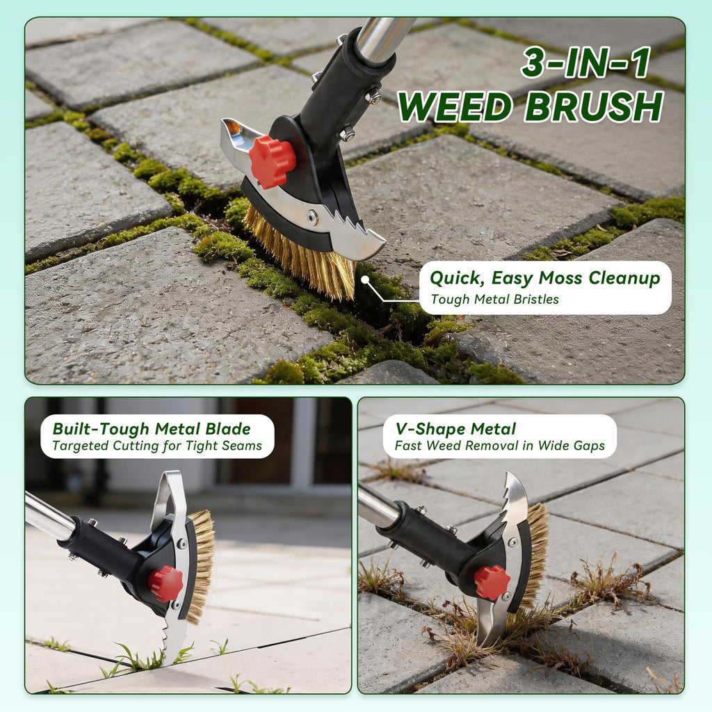 Tdrynl 3-in-1 Heavy Duty Crack Weeder Tool, 59" Adjustable Long Handle, Stainless Steel Crevice Weed Puller and Moss Remover for Driveway, Patio, Sidewalk, Pavers and Deck Cracks