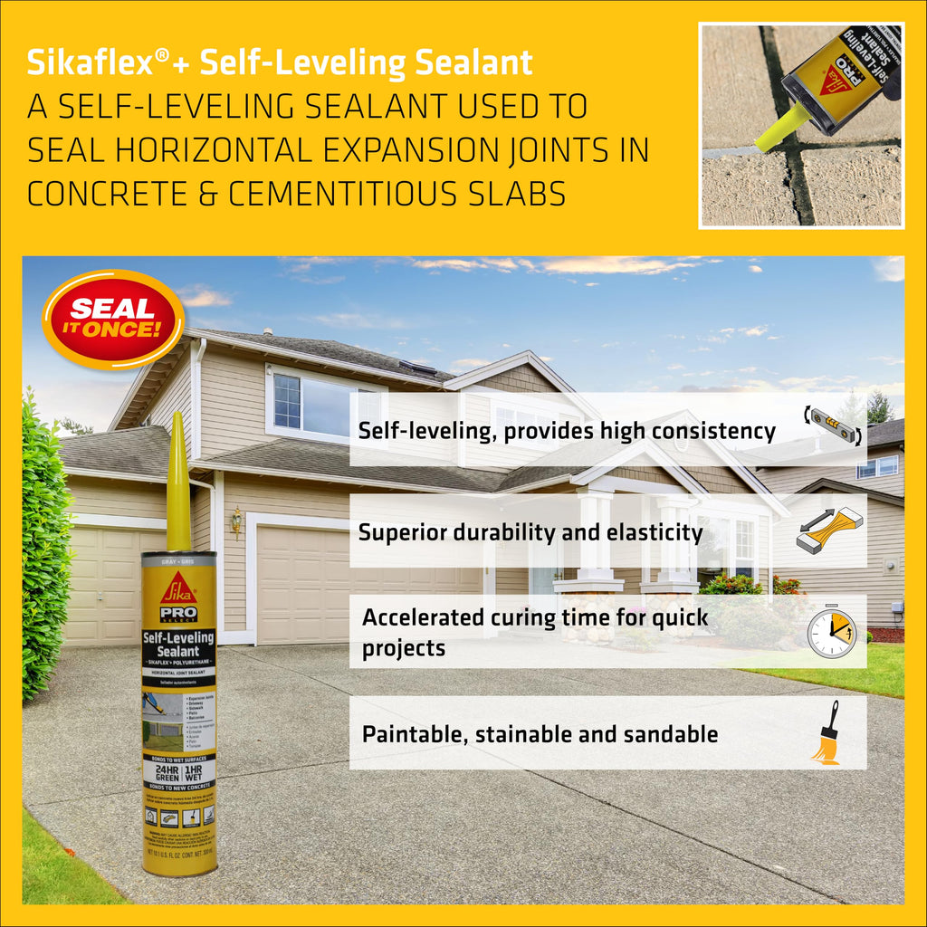 SIKA Sikaflex Self-Leveling Sealant, Gray Polyurethane, Fast Curing, for Concrete Expansion Joints, Waterproof, Paintable, Fills Cracks up to 1.5 in., 10.1 fl. oz Cartridge