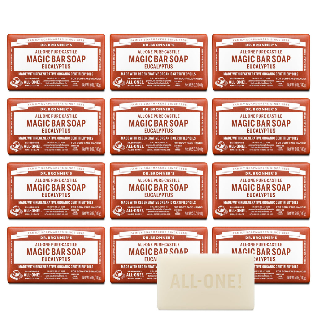 Dr. Bronner's Pure-Castile Magic Bar Soaps (Eucalyptus, 5oz, 12-Pack) – Made with RegeOrganic Oils, Soap Bars for Men & Women, Gentle for Face & Sensitive Skin, Vegan, Cruelty-Free, Non-GMO