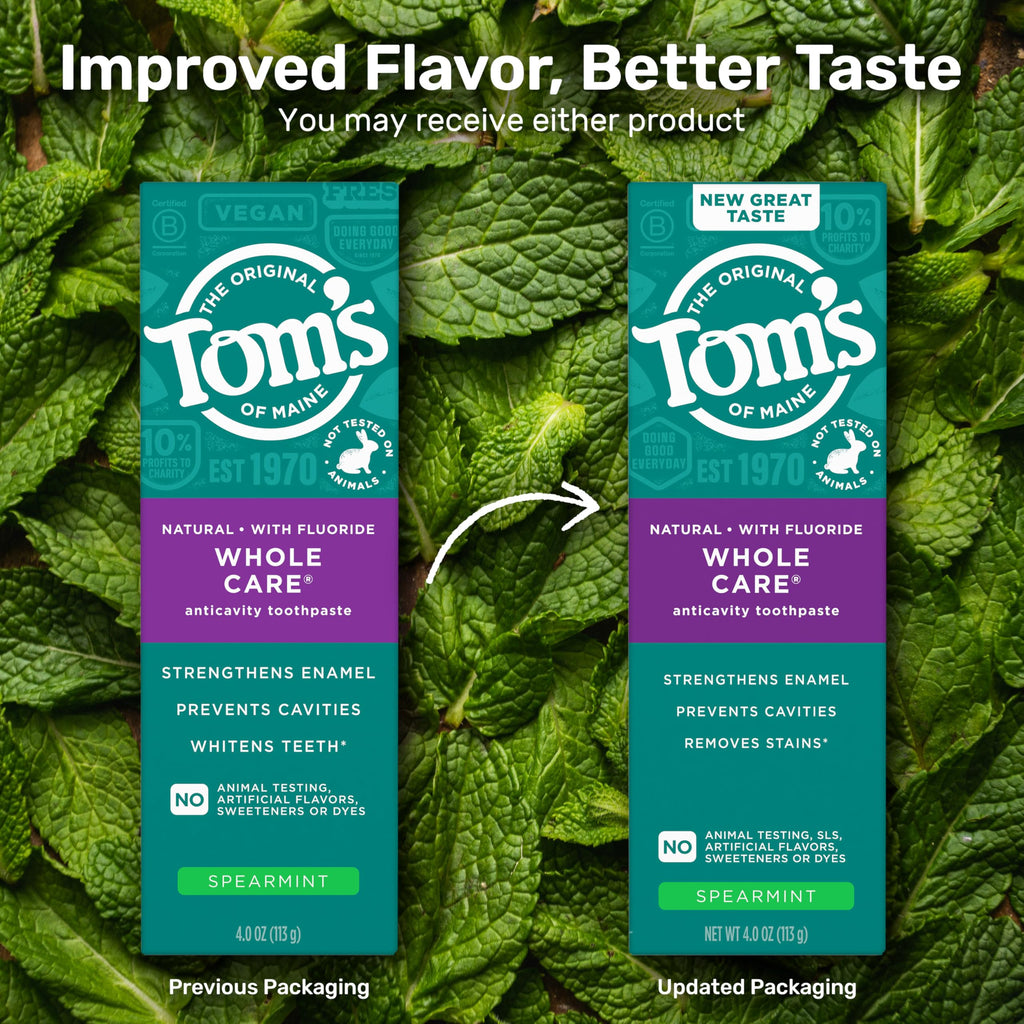 Tom's of Maine Whole Care Natural Toothpaste with Fluoride, Spearmint, 4 Ounce (Pack of 3), (Packaging May Vary)