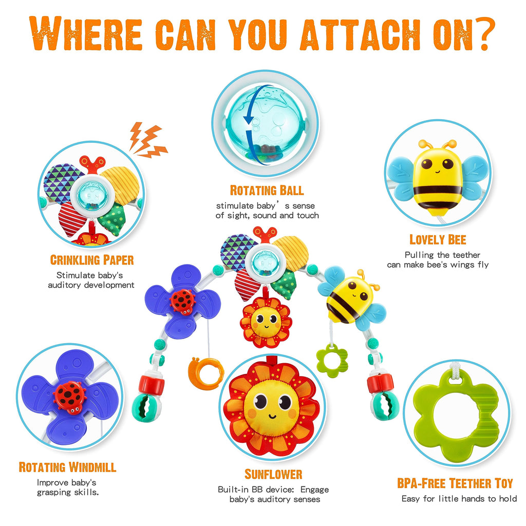 Lynncare Adjustable Arch Bassinet Toys for Infant & Toddlers, Stroller Arch, Baby Crib Toys with Fascinating Hanging for Stimulating Baby’s Senses and Developing Motor Skills