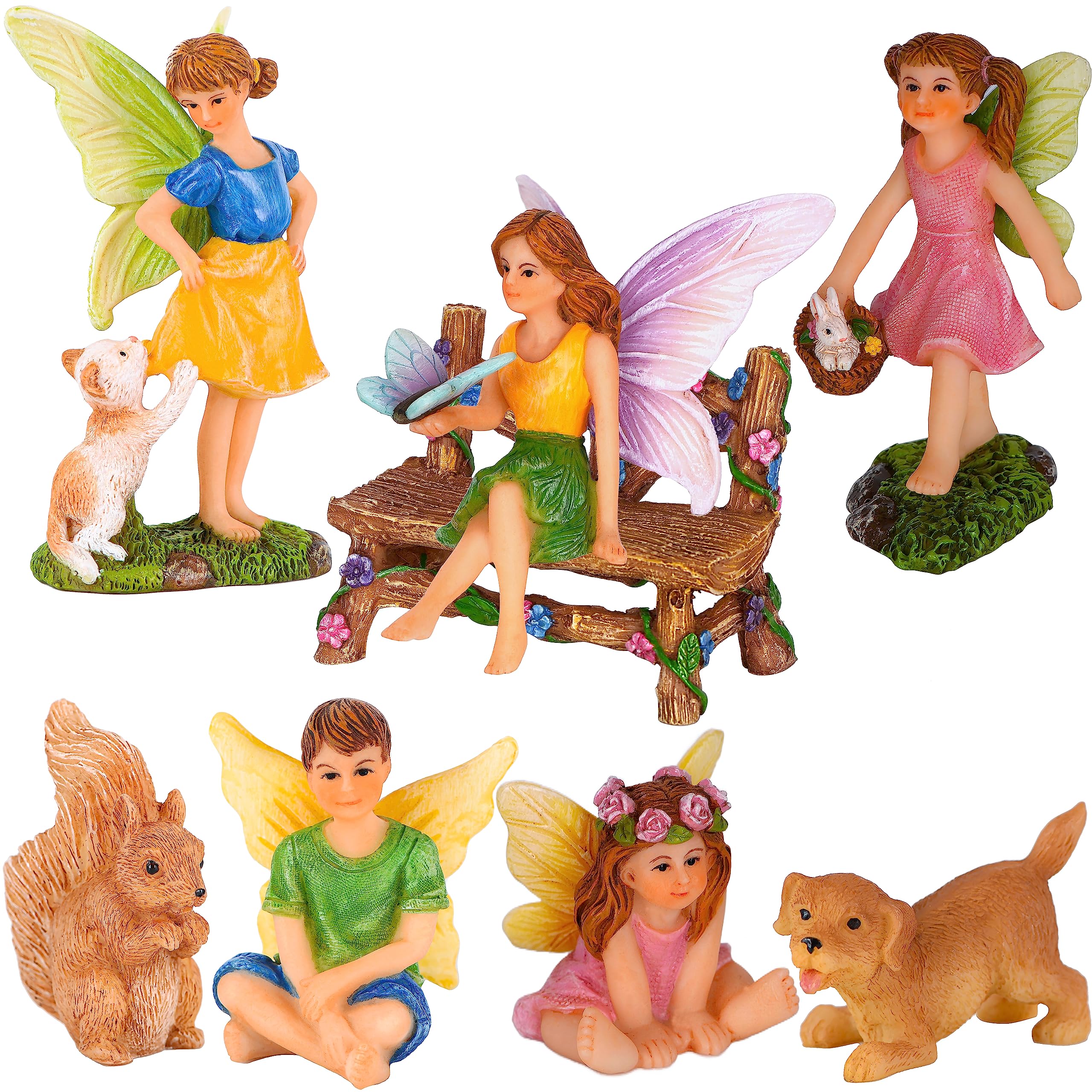 Mood Lab Fairy Garden Figurines with Animals - Miniature Decorative Statues & Accessories Set (8 pcs) - Outdoor & Indoor Garden Decor