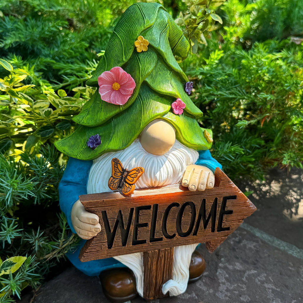 Mood Lab Garden Gnome - Solar Gnome Figurine with Welcome Sign - 9.1 Inch Decor Outdoor Lawn Statue with LED Lights