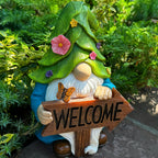 Mood Lab Garden Gnome - Solar Gnome Figurine with Welcome Sign - 9.1 Inch Decor Outdoor Lawn Statue with LED Lights