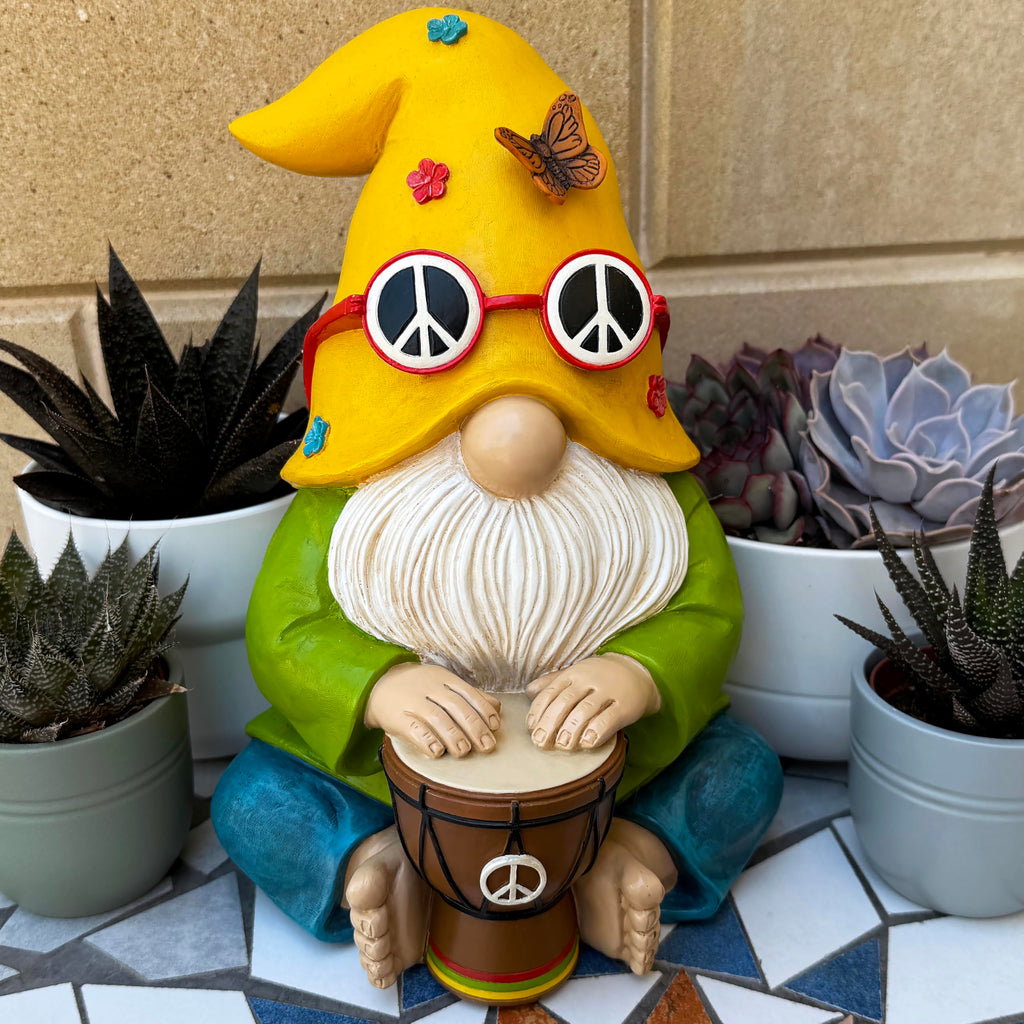Mood Lab Garden Gnome - Hippie Drummer Gnome Figurine - 9.1 Inch Tall Funny Lawn Statue - for Outdoor or House Decor