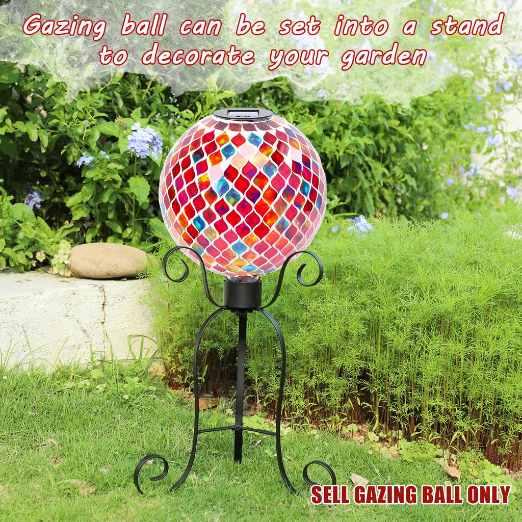 VCUTEKA Solar Gazing Ball, 10" Mosaic Glass Garden Globe Outdoor Decor, Red