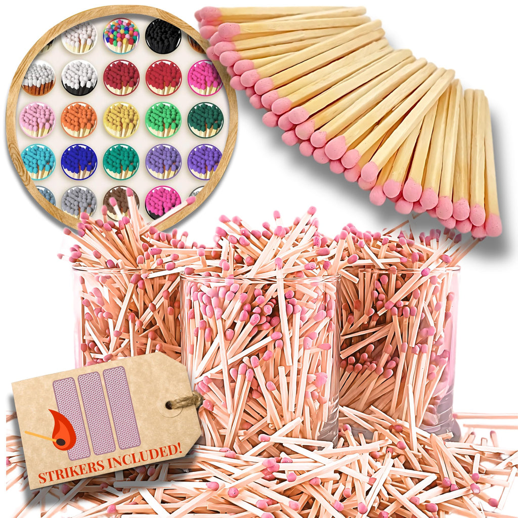 500 Count | 2" Pink Matches | Strikers Included | Color Tip Wooden Match | Refill for Matchstick Jars, Candle Display, Holders & Bottles | 2 in inches Long