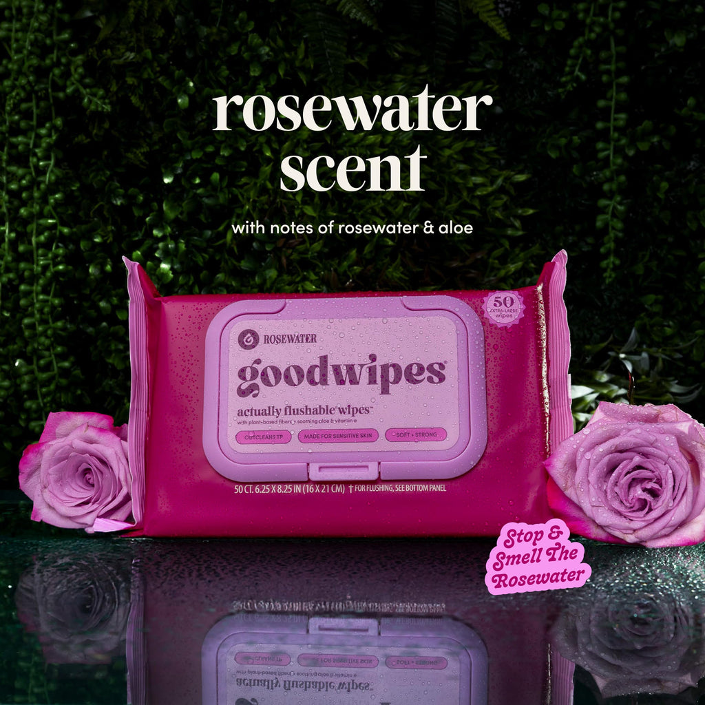 goodwipes Flushable Butt Wipes - Vitamin E & Aloe - Sewer & Septic Safe - Extra Large Adult Wet Wipes For Women & Men - Bathroom Essentials - Rosewater, 318 Count (6 Packs + 1 Travel)
