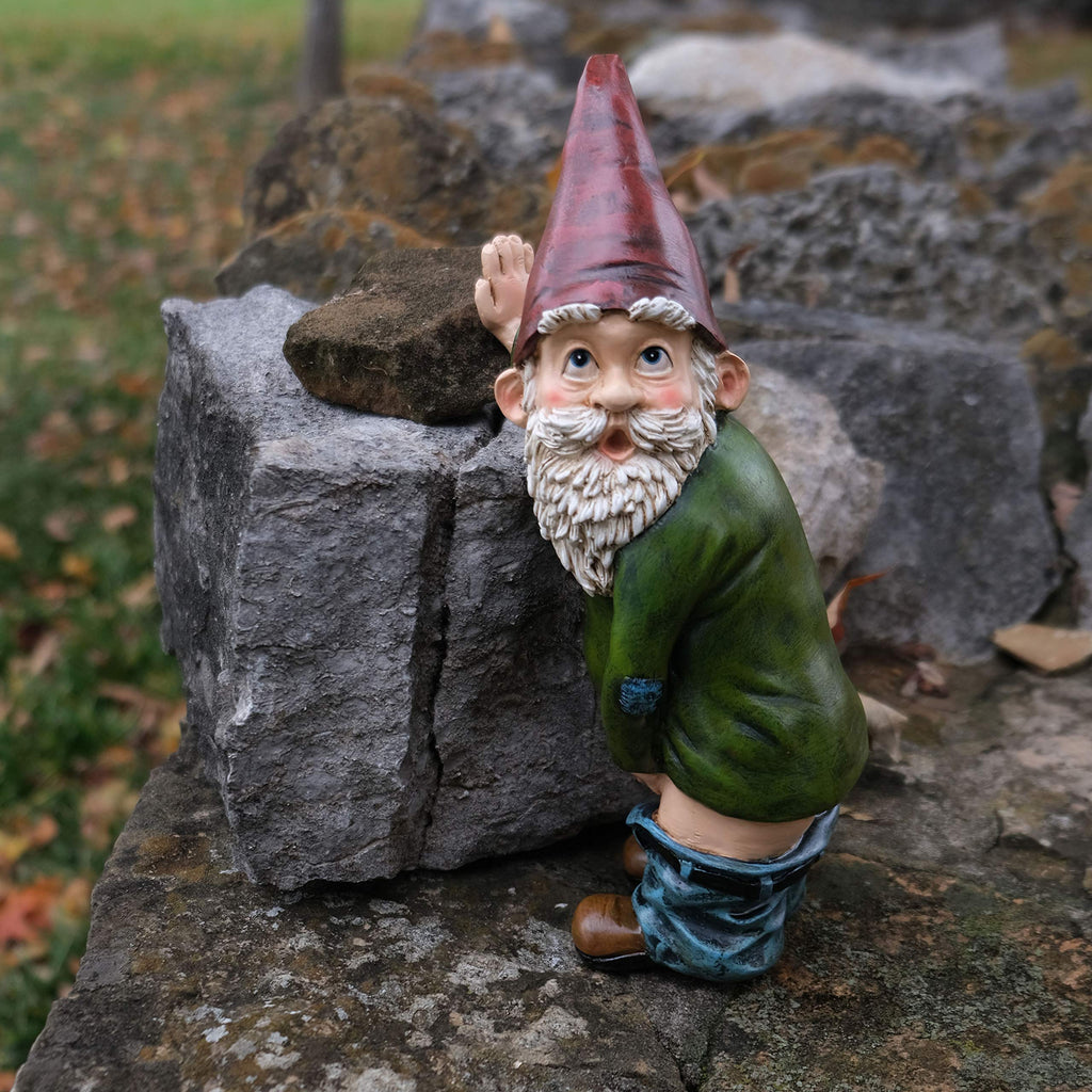 BELLA HAUS DESIGN Gnome Statue - 10.3" Tall Polyresin - Willy The Peeing Garden Gnome for Lawn Ornaments, Indoor or Outdoor Decorations - Red and Green Funny Gnomes