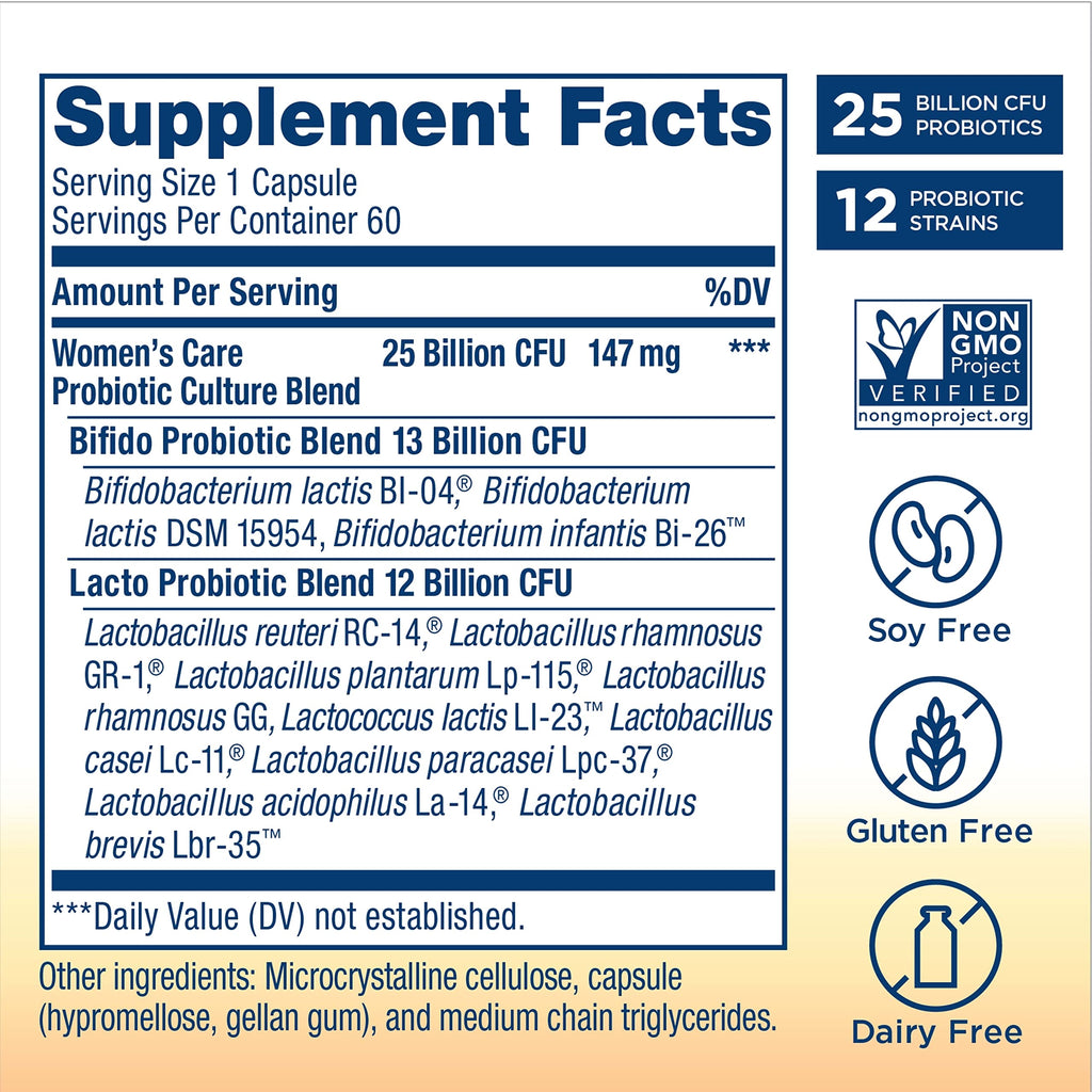 Renew Life Women's Probiotic Capsules, Supports pH Balance for Women, Vaginal, Urinary, Digestive and Immune Health, L. Rhamnosus GG, Dairy, Soy and Gluten-Free, 25 Billion CFU - 60 Ct