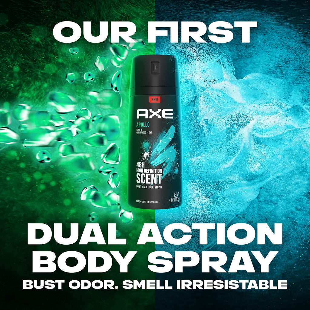 AXE Apollo Body Spray Deodorant for Long-Lasting Odor Protection, Sage & Cedarwood Deodorant for Men Formulated Without Aluminum 4oz 4 Count
